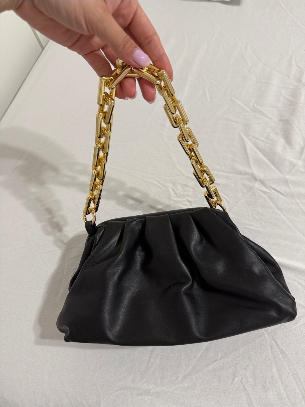 Black Soft Pleated Shoulder Bag with Gold Chain Handle